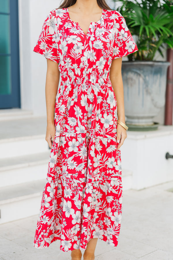 It's In The Air Red Floral Tiered Midi Dress