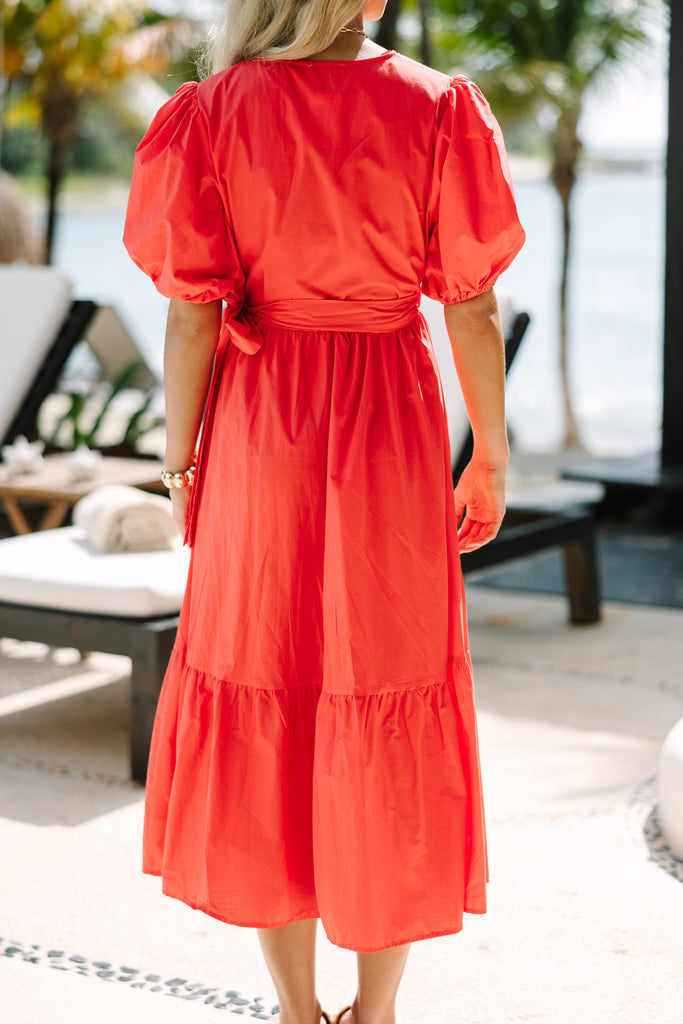 open lace back dress Can't Stop You Coral Red Poplin Midi Dress – Shop the Mint