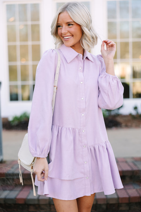 corduroy dress, long sleeve dress, purple button down dress
