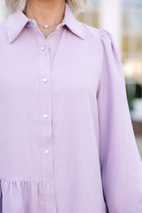 corduroy dress, long sleeve dress, purple button down dress