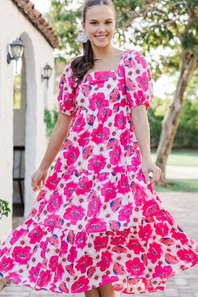 Answer The Call Hot Pink Floral Midi Dress