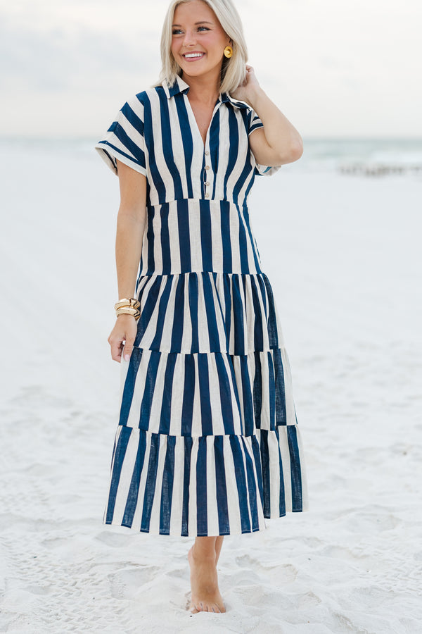 Search Your Heart Navy Blue Striped Midi Dress