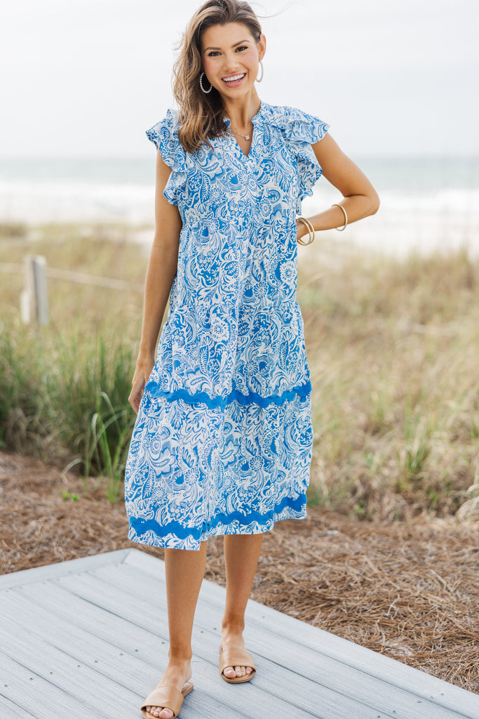 Sweet New Day Blue Paisley Rickrack Midi Dress
