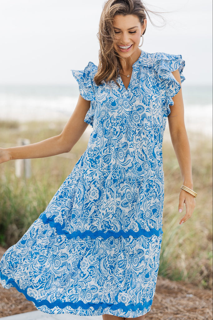 a new day blue floral dress Mix Small making it a perfect pick for brunches Women's Cap Sleeve Lace Trim