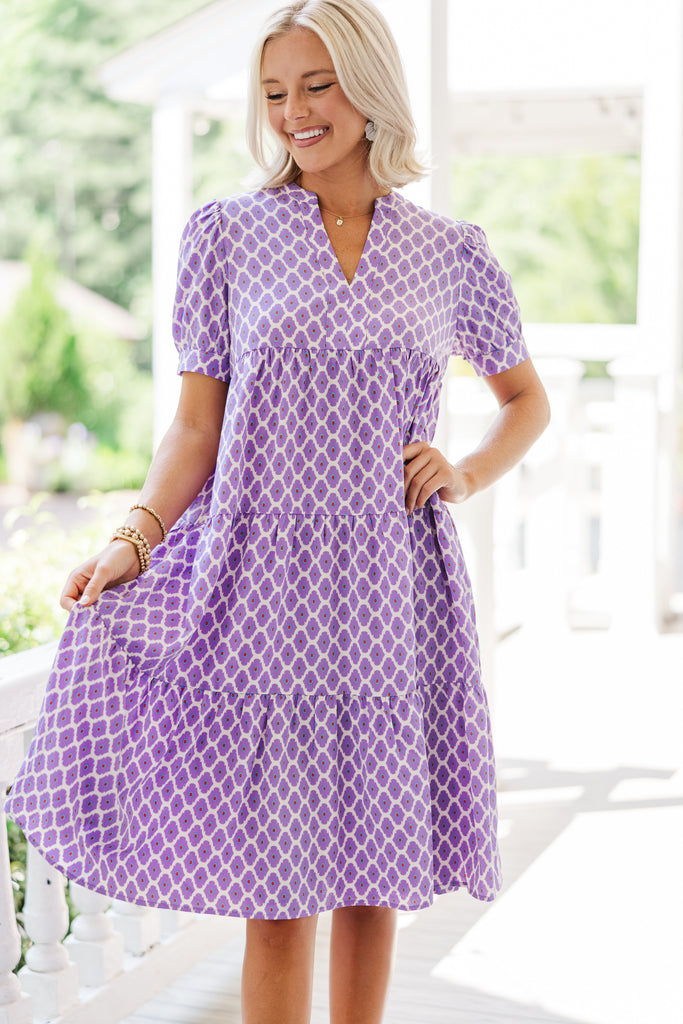 purple and white polka dot dress Fast Learner Purple Lattice Print Midi Dress – Shop the Mint