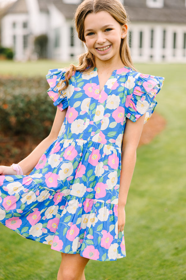 Girls: At This Time Blue Pink Combo Floral Dress