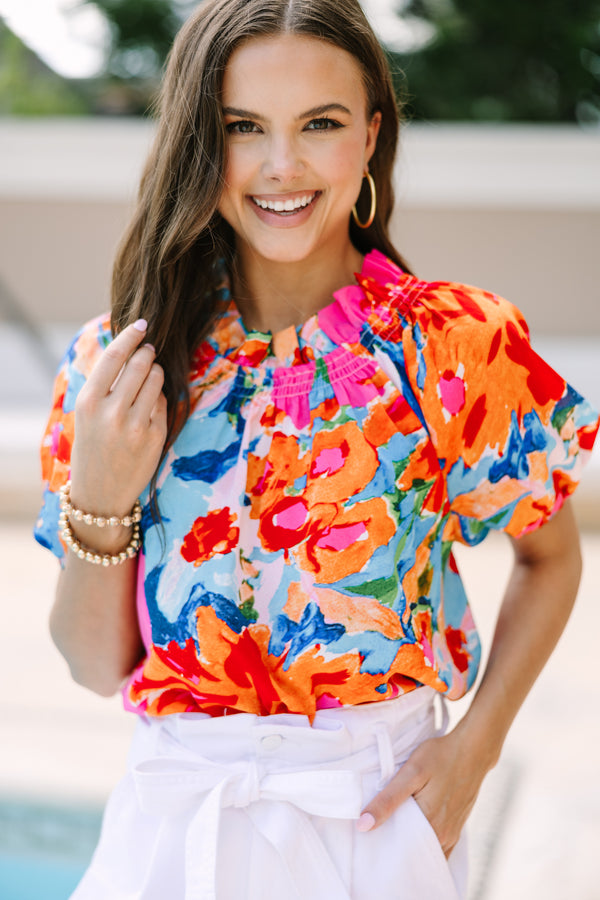 Feeling Fun Coral Floral Bubble Sleeve Blouse