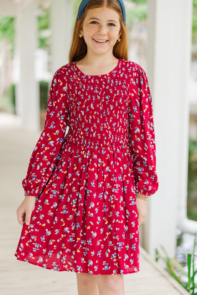 Girls: Getting Close Burgundy Red Ditsy Floral Dress