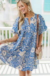 There You Go Blue Floral Bubble Sleeve Dress
