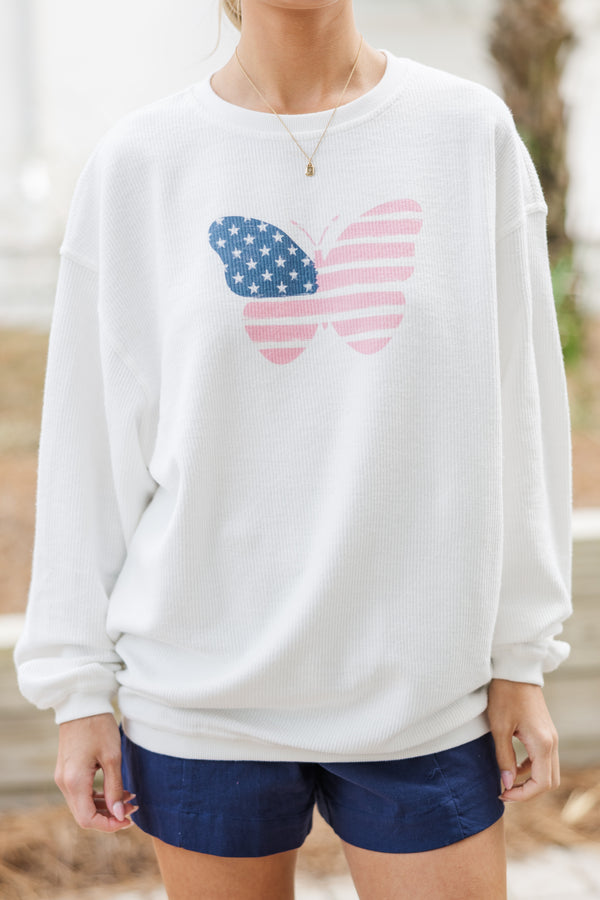 USA Pink Butterfly White Graphic Corded Sweatshirt