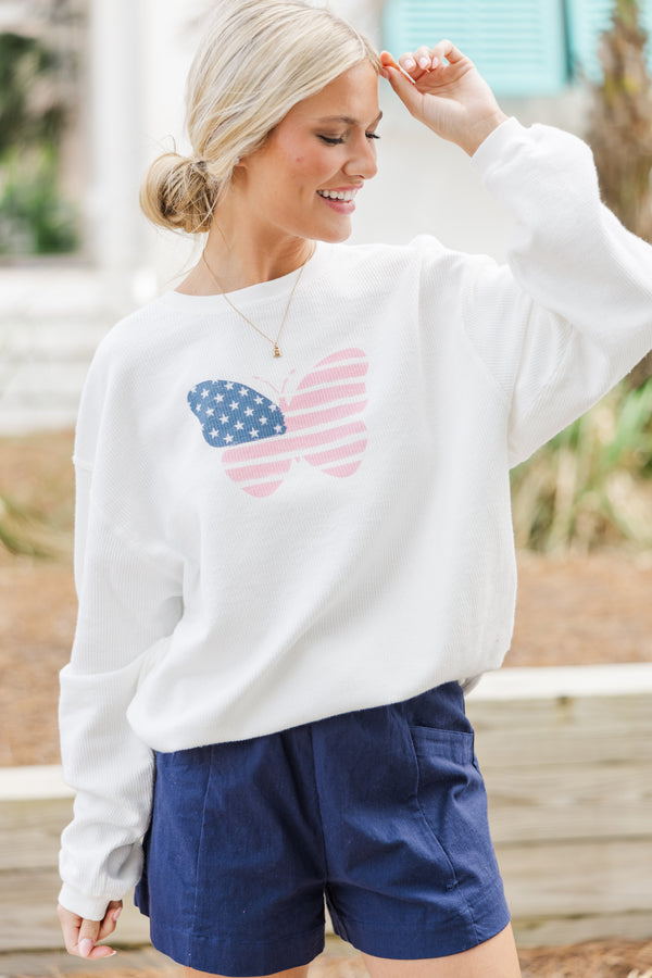 USA Pink Butterfly White Graphic Corded Sweatshirt