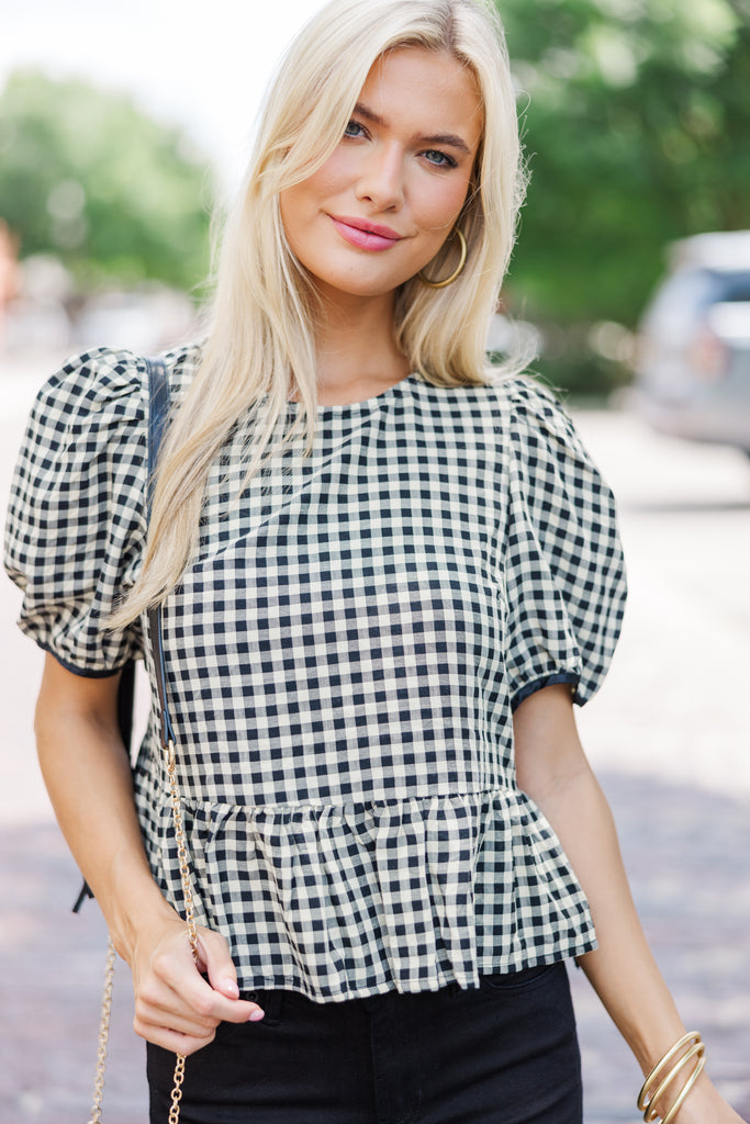 BELPER GINGHAM BLOUSE（BLACK） Can't Leave You Here Black Gingham Blouse – Shop the Mint