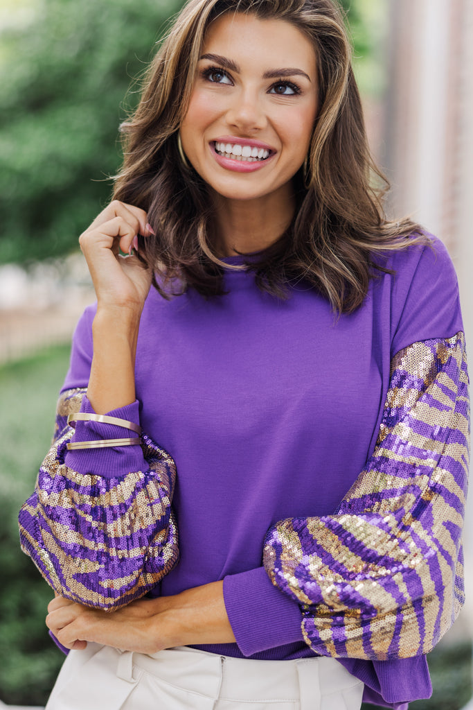 First In Line Purple Tiger Sequin Blouse – Shop the Mint