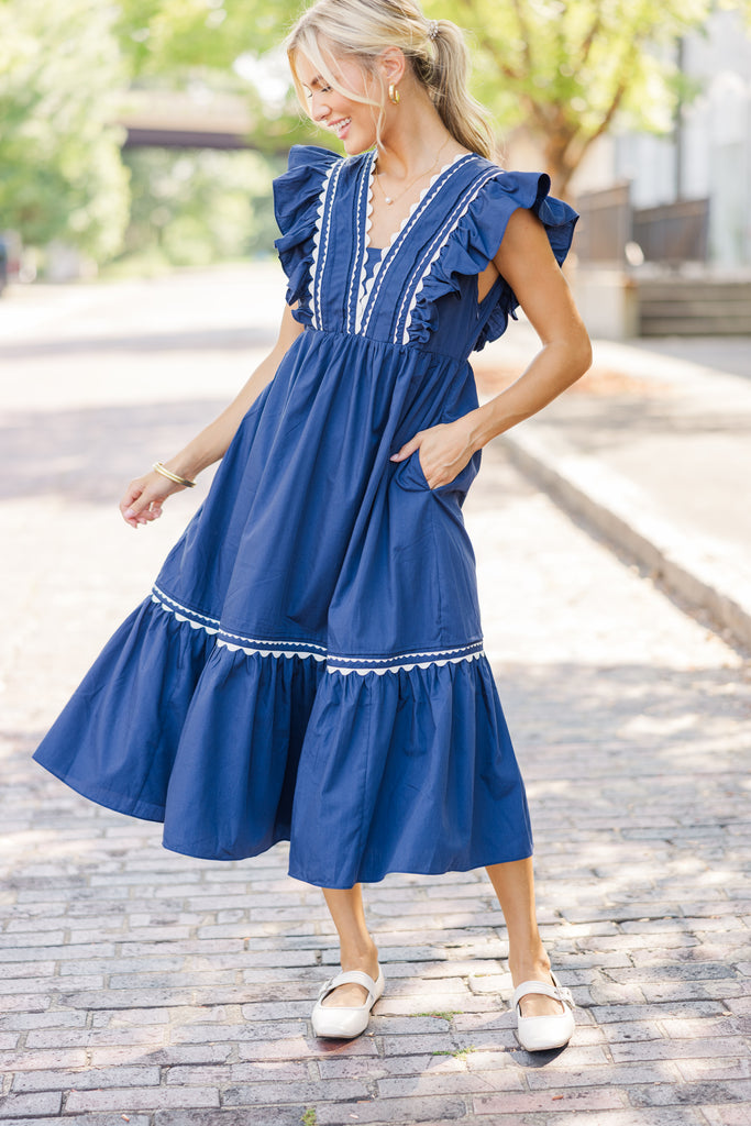 a new day dress Ready For The Navy Blue Ruffled Midi Dress, Medium - The Mint Julep Boutique NA-02.11.26AM Designed with a wrap Style:6 drawers chest White Linen Dress –