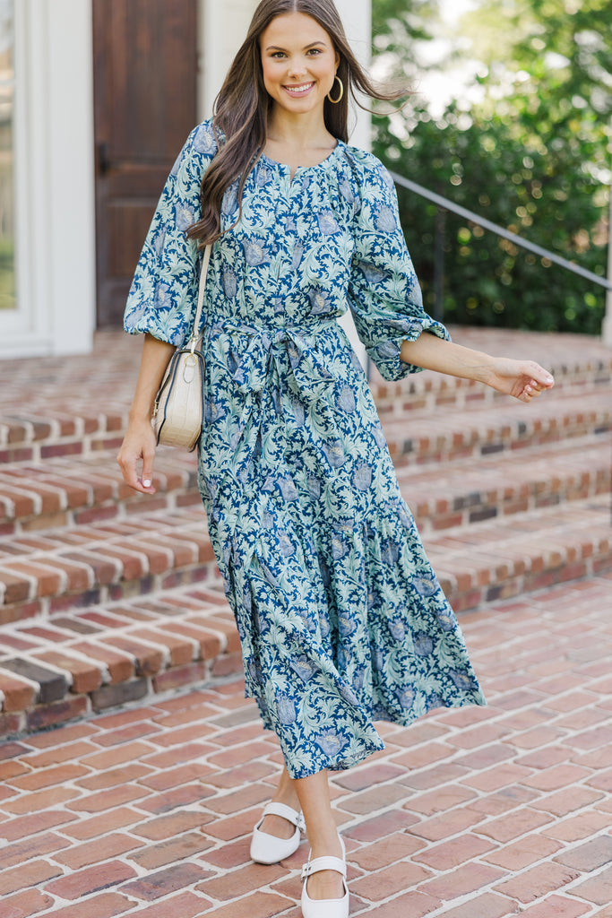 blue floral dress midi Good Intentions Navy Blue Floral Midi Dress, Large - The Mint Julep Boutique