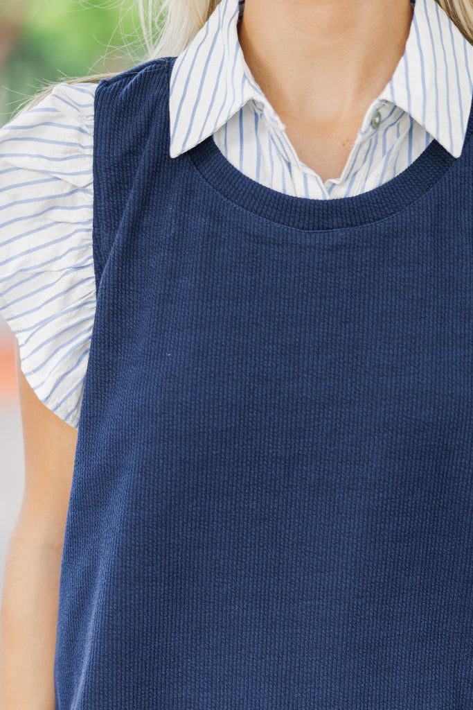 Women's Cotton Navy Blue Printed Ready to Wear With Blouse Piece