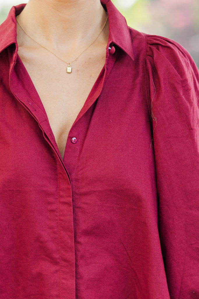 Short Puff Sleeve Cutout Neck Bubble Blouse in Red main image 0
