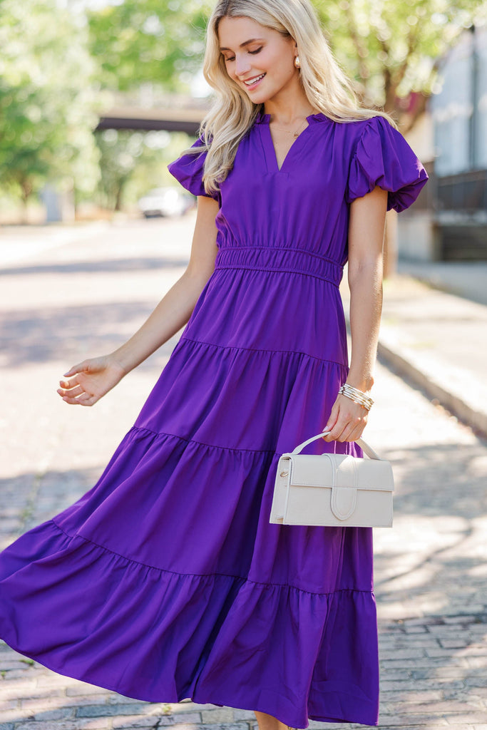 Coming Back For You Plum Purple Tiered Midi Dress, Small - The Mint Julep Boutique