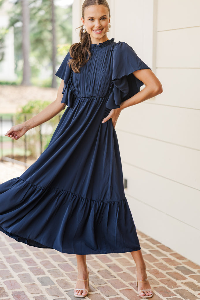 All The Good Navy Blue Ruffled Midi Dress – Shop the Mint