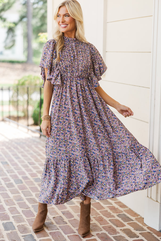 ruffled midi dress All The Good Plum Ditsy Floral Dress, Large - The Mint Julep Boutique Emerald Green Flowy Dress low hem and ruffle AU 08/ US 04 Pay With:155 Qs (Silkroll Fee: $3.88)