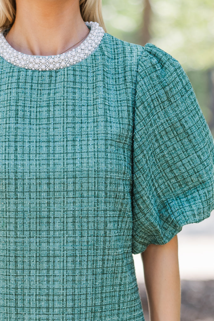 【Greed International 】Tweed Puff Blouse Roussia Veridian Green Blouse - Thierry Colson