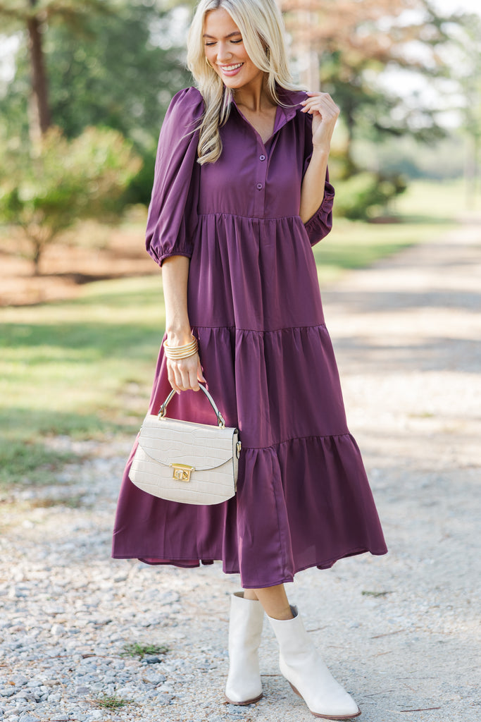 Love Found Plum Purple Tiered Midi Dress – Shop the Mint