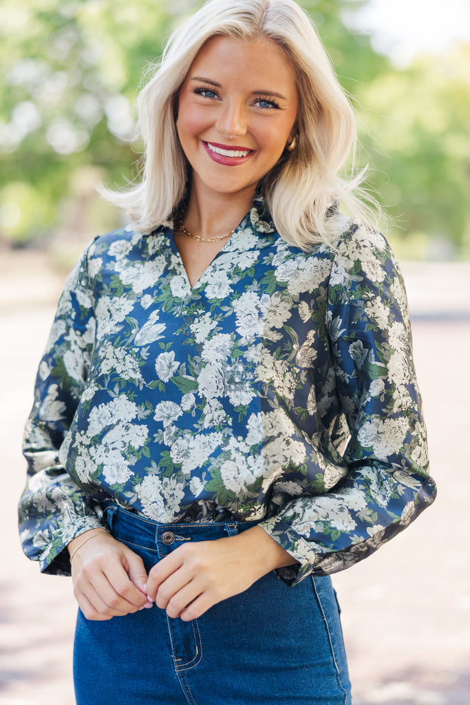 On Your Mind Navy Blue Floral Brocade Blouse – Shop the Mint