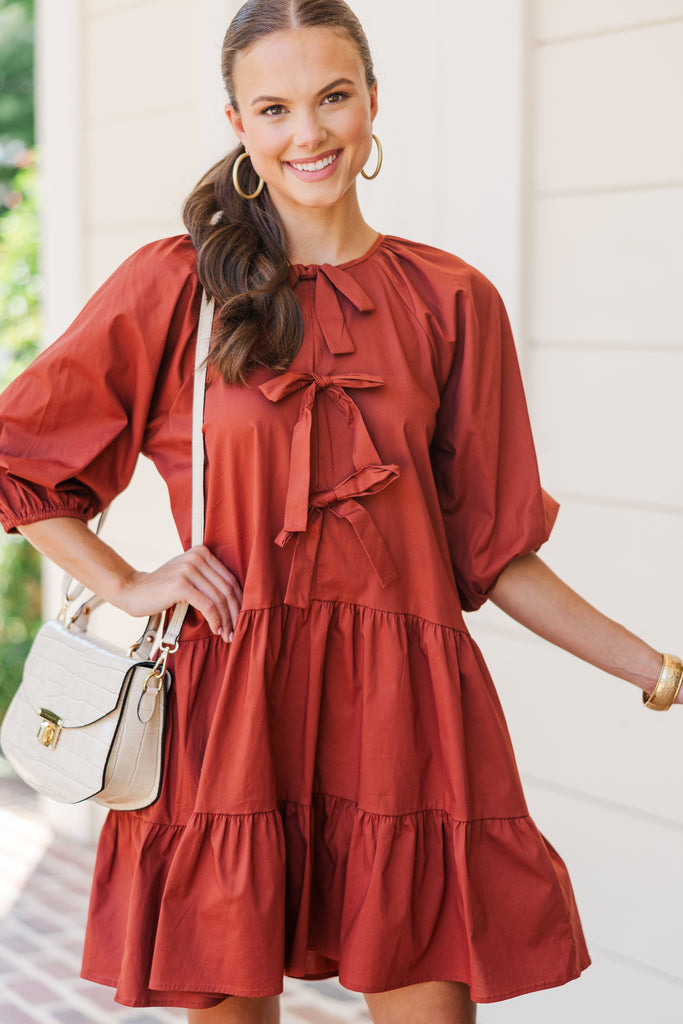 Ready To Run Rust Orange Bow Detailed Dress, Medium - The Mint Julep Boutique