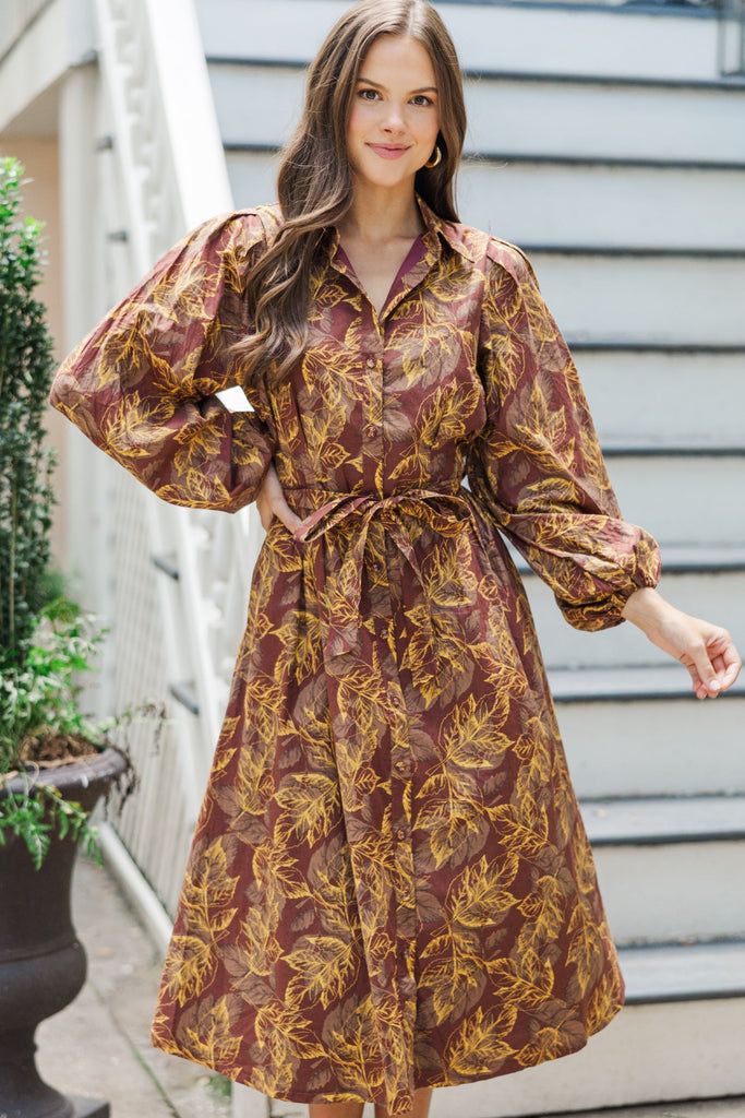 Somewhere Out There Brown Leaf Print Midi Dress – Shop the Mint