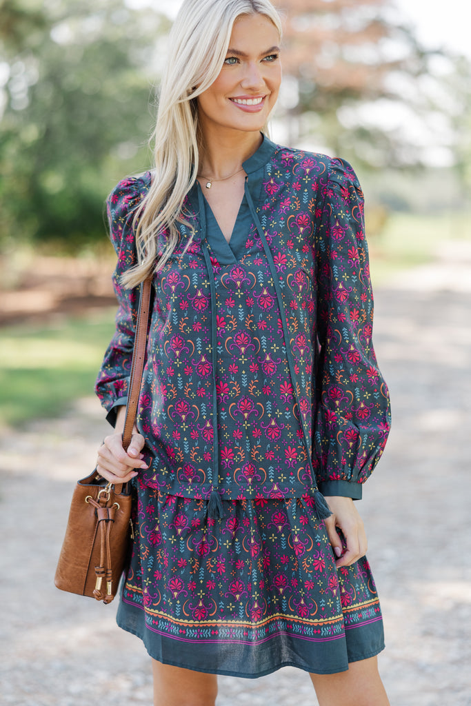 Pinch: Where You Are Dark Green Printed Dress, Medium - The Mint Julep Boutique