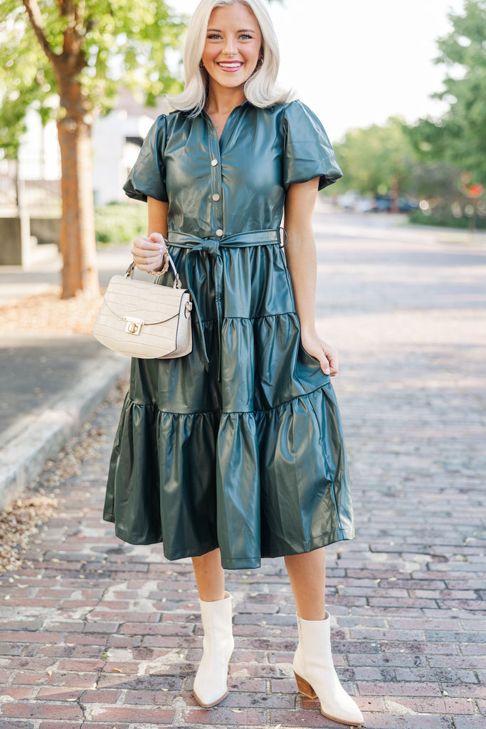 Pinch: More For You Hunter Green Faux Leather Midi Dress – Shop the Mint