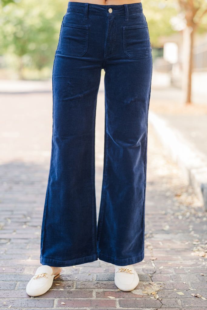 Navy Womens Flared Corduroy Trousers Set Your Path Navy Blue