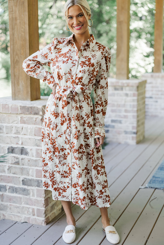 Fate: On Call Ivory/Brown Floral Midi Dress  Shop the Mint