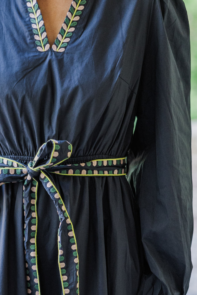 slim fit dress slacks Take The Day Navy Blue Embroidered Midi Dress – Shop the Mint