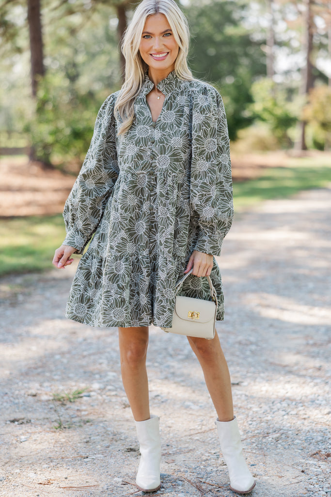 Thoughtful Wishes Olive Green Floral Dress – Shop the Mint
