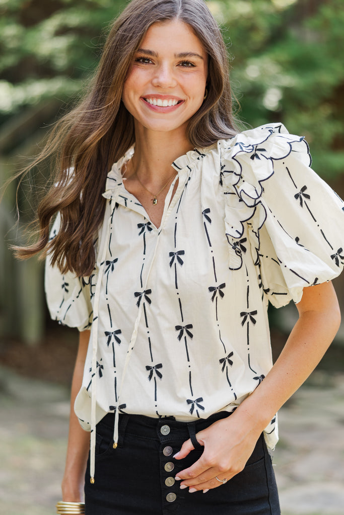 Forever In Love Natural Bow Printed Blouse – Shop the Mint