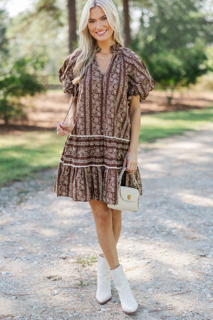 Rich Brown Boho Floral Love Day Twirl Dress