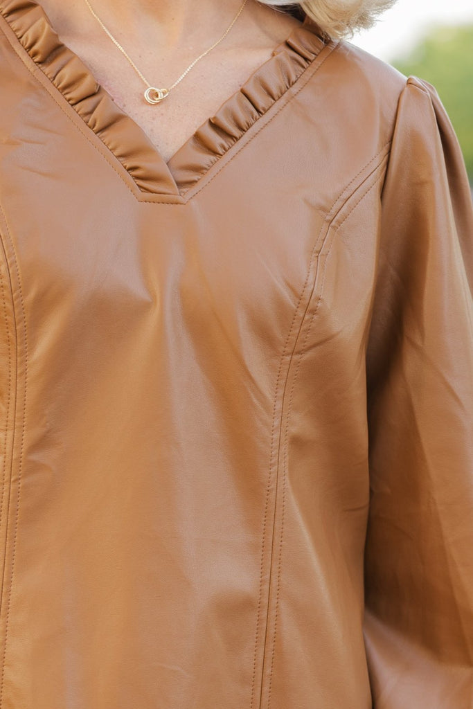 Look At You Camel Brown Faux Leather Dress, Medium - The Mint Julep Boutique | Women's Boutique Clothing Look At You Camel Brown Faux Leather Dress, Medium - The Mint Julep Boutique | Women's Boutique Clothing