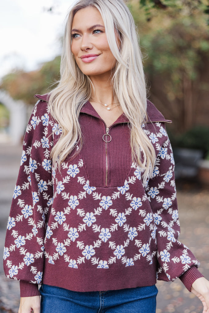Stay Together Brown Floral Half Zip Sweater – Shop the Mint