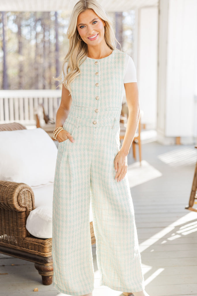 All Eyes On You Sage Green Plaid Jumpsuit – Shop the Mint