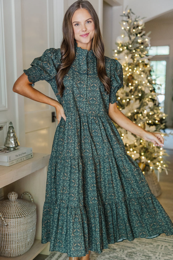Ready For It All Olive Green Leaf Printed Midi Dress, Small - The Mint Julep Boutique