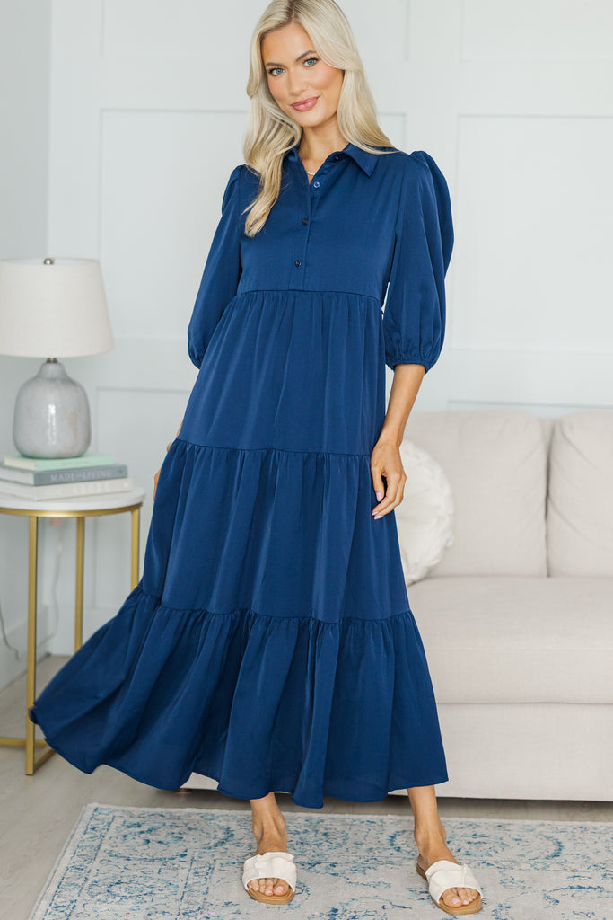navy blue nursing dress NURSING COLLECTION: Love Found Navy Blue Tiered Midi Dress, Small - The Mint Julep Boutique