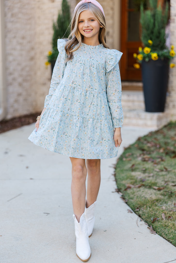 Girls: Make My Day Light Blue Ditsy Floral L/S Babydoll Dress, (12/14) - The Mint Julep Boutique