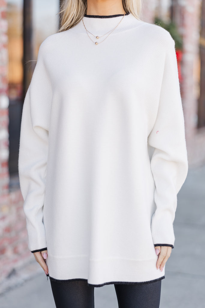 Mock Neck Drop Shoulder Long Sleeve Sweater - White main image 0