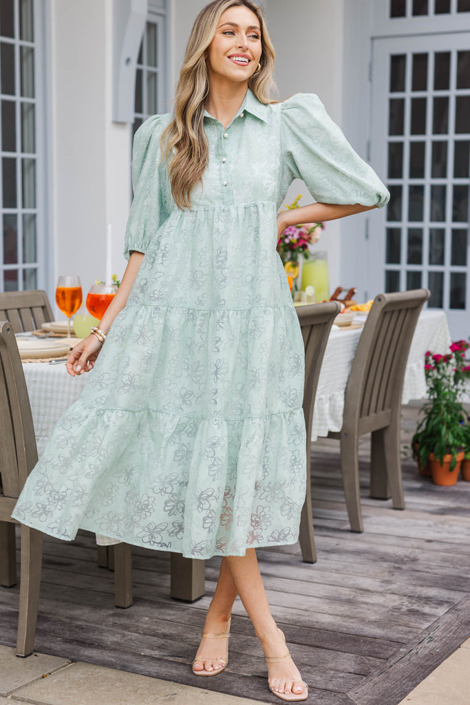 green emerald velvet dress Love Found Sage Green Floral Tiered Midi Dress – Shop the Mint