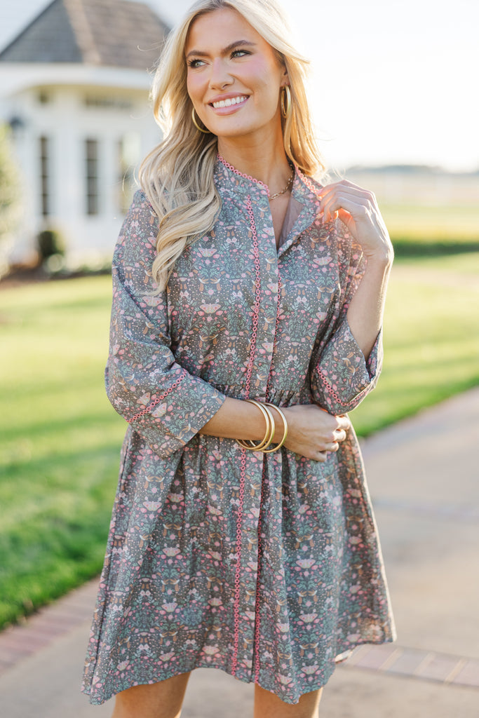 toile shirt dress Navy Large a flattering collared neckline with faux shell buttons down the center Blue Gold Safari Wildlife Toile