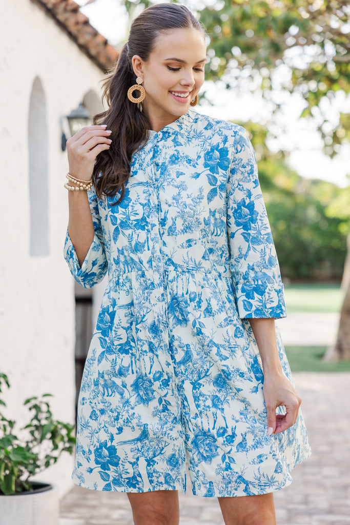 blue animal dress Always The One Toile Shift flare silhouette