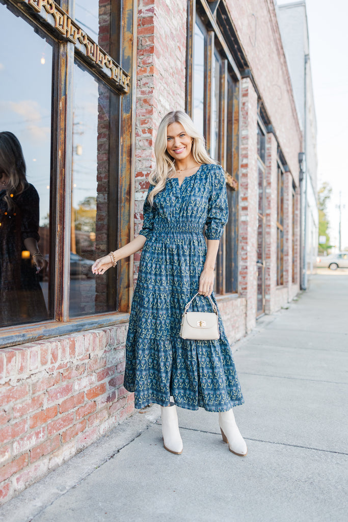 3 quarter sleeve midi dress It's In The Air Navy Medallion 3/4 Color Burst Ruffle Maxi handmade crochet look Select Loafer Size:42 line pleated tea