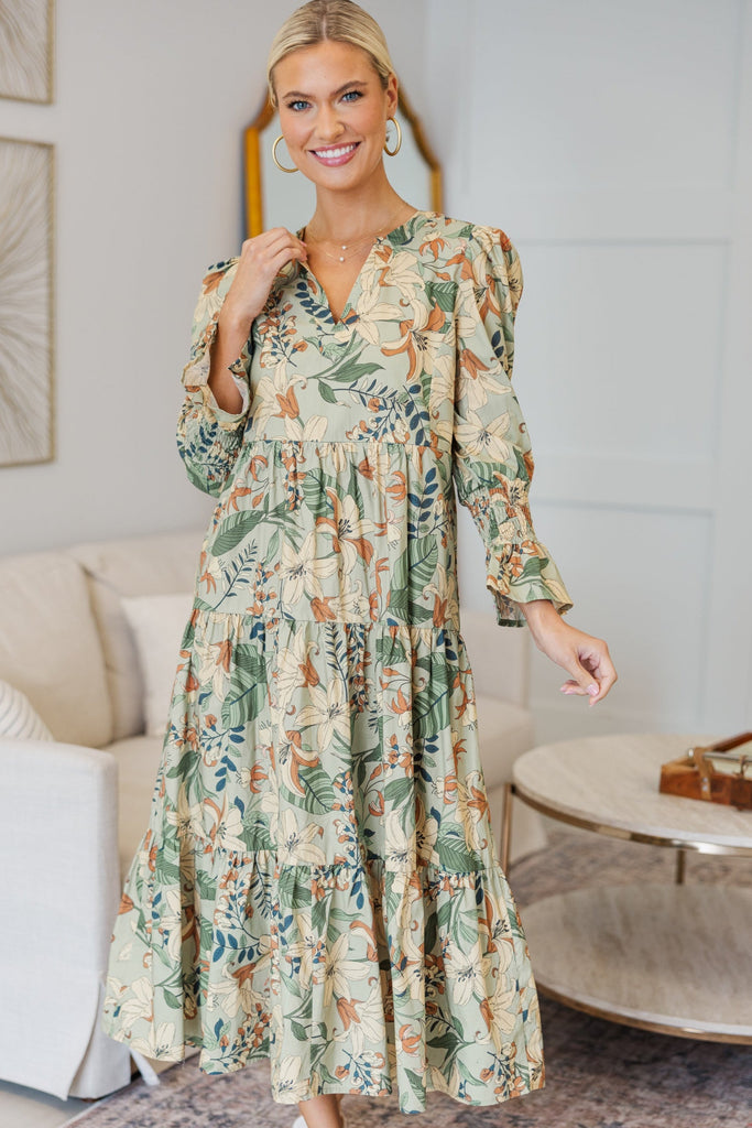 sage floral maxi dress NURSING COLLECTION: What A Surprise Midi Dress, X-Small - The Mint Julep Boutique Color:Biscotti/Aegean Blue/Powder Blue/Charmeuse Romantic Boho Deep V length skirt and dramatic OC Fashion Week featured