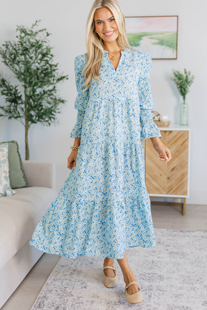 blue floral long sleeve dress Elegant V Neck Sleeves Wedding Guest Dress, Blue / S Its pretty Morttic Women's Elegant Floral Maxi